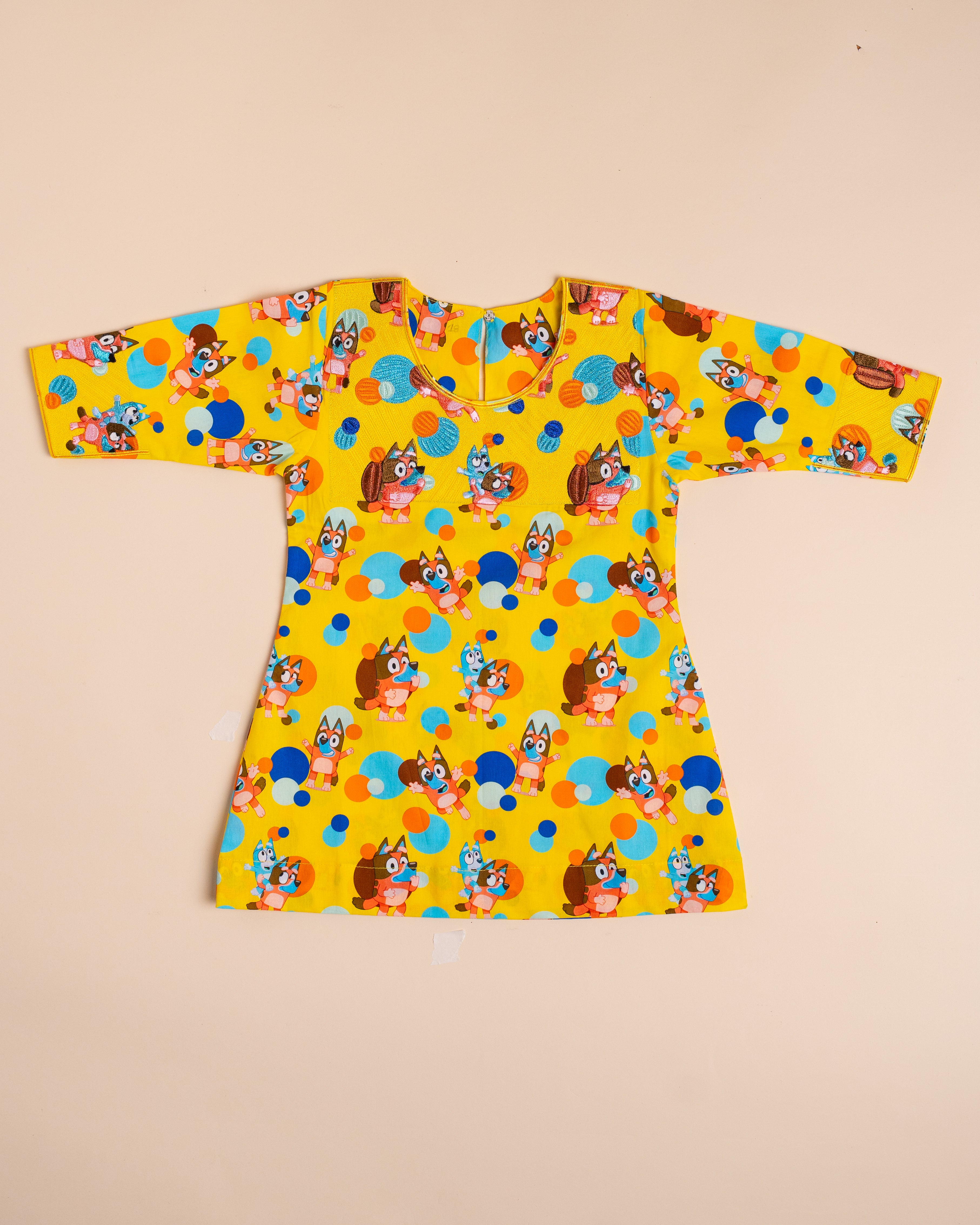 Yellow Cartoon Print Full-Sleeve Dress (4M–8Y)