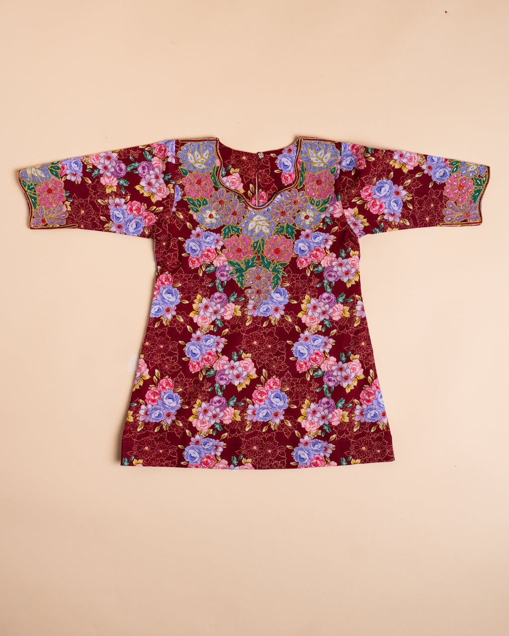 Maroon Floral Embroidered Khwer (4M–8Y)