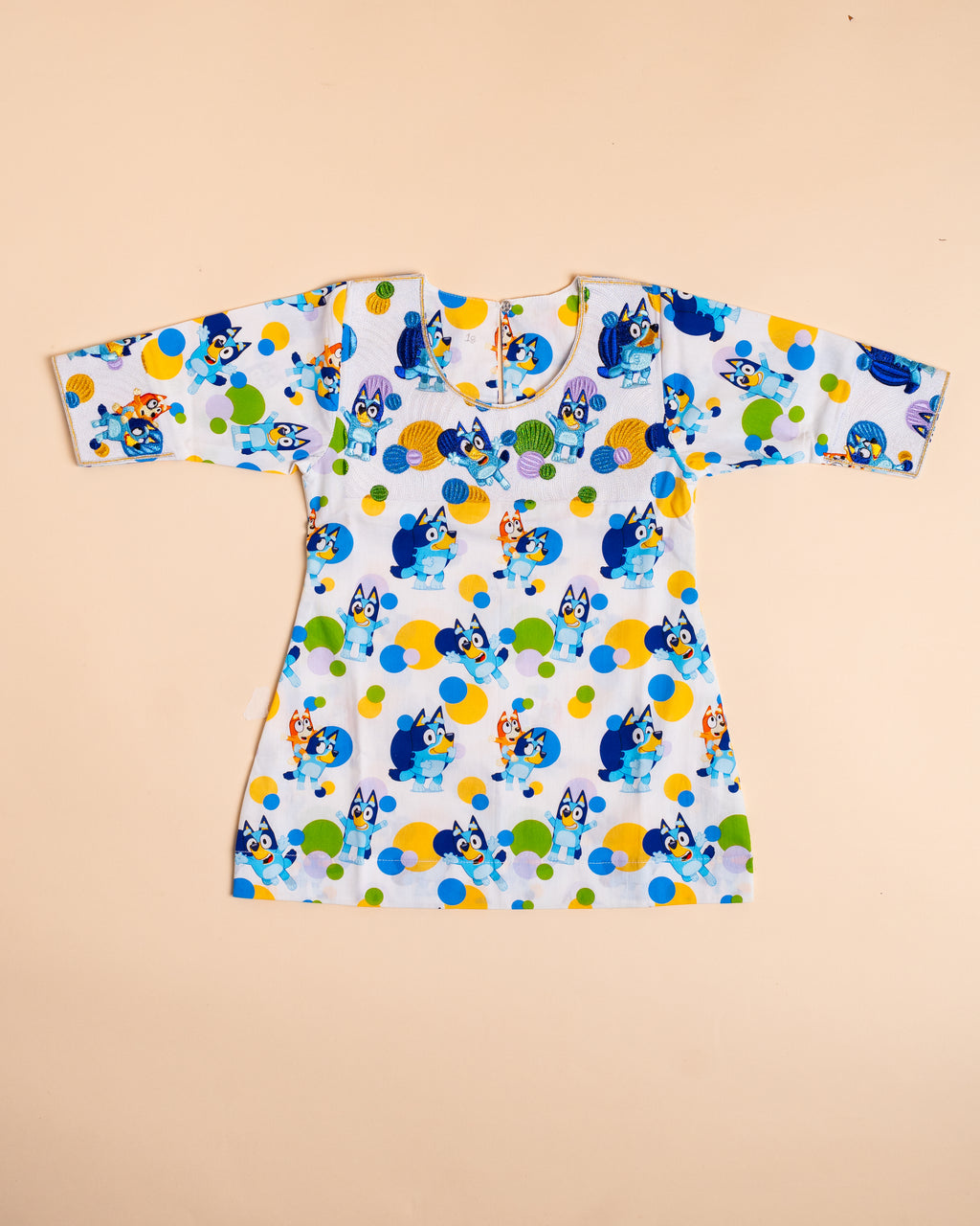 Blue Cartoon Print Full-Sleeve Dress (4M–8Y)