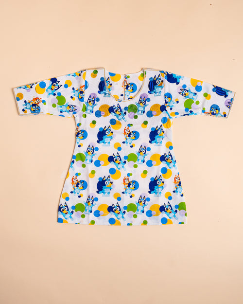 Blue Cartoon Print Full-Sleeve Dress (4M–8Y)