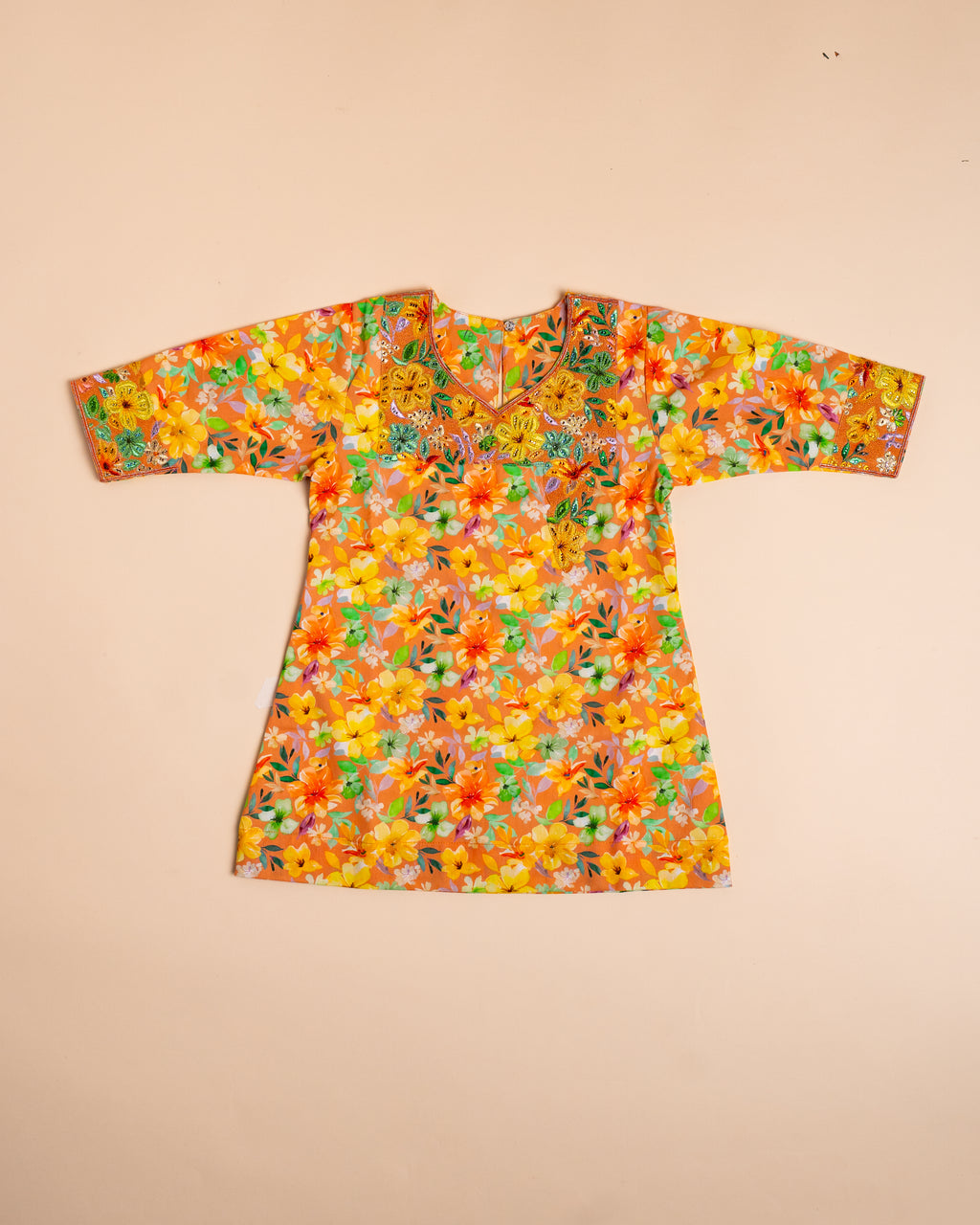 Orange Floral Embroidered Khwer (4M–8Y)