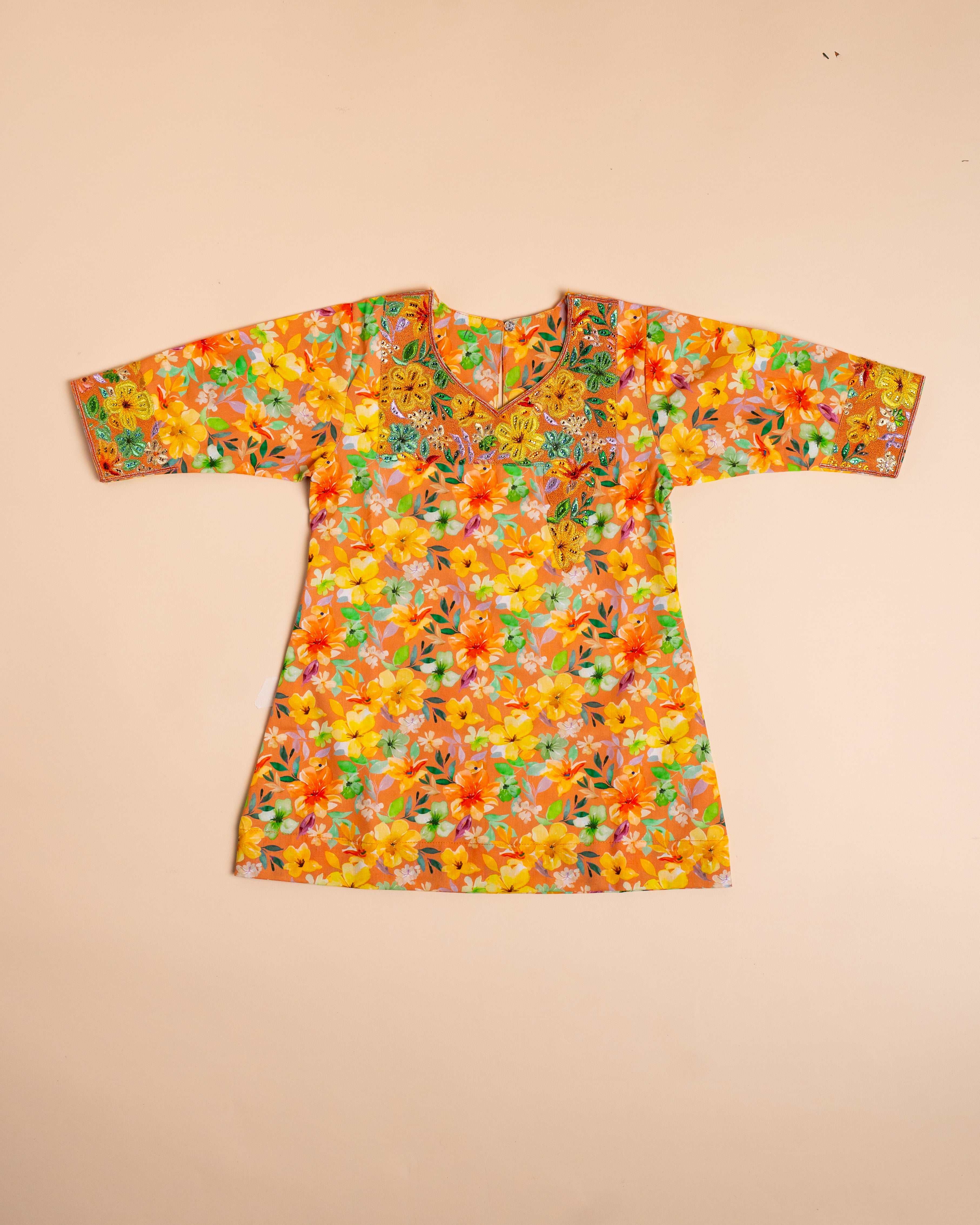 Orange Floral Embroidered Khwer (4M–8Y)
