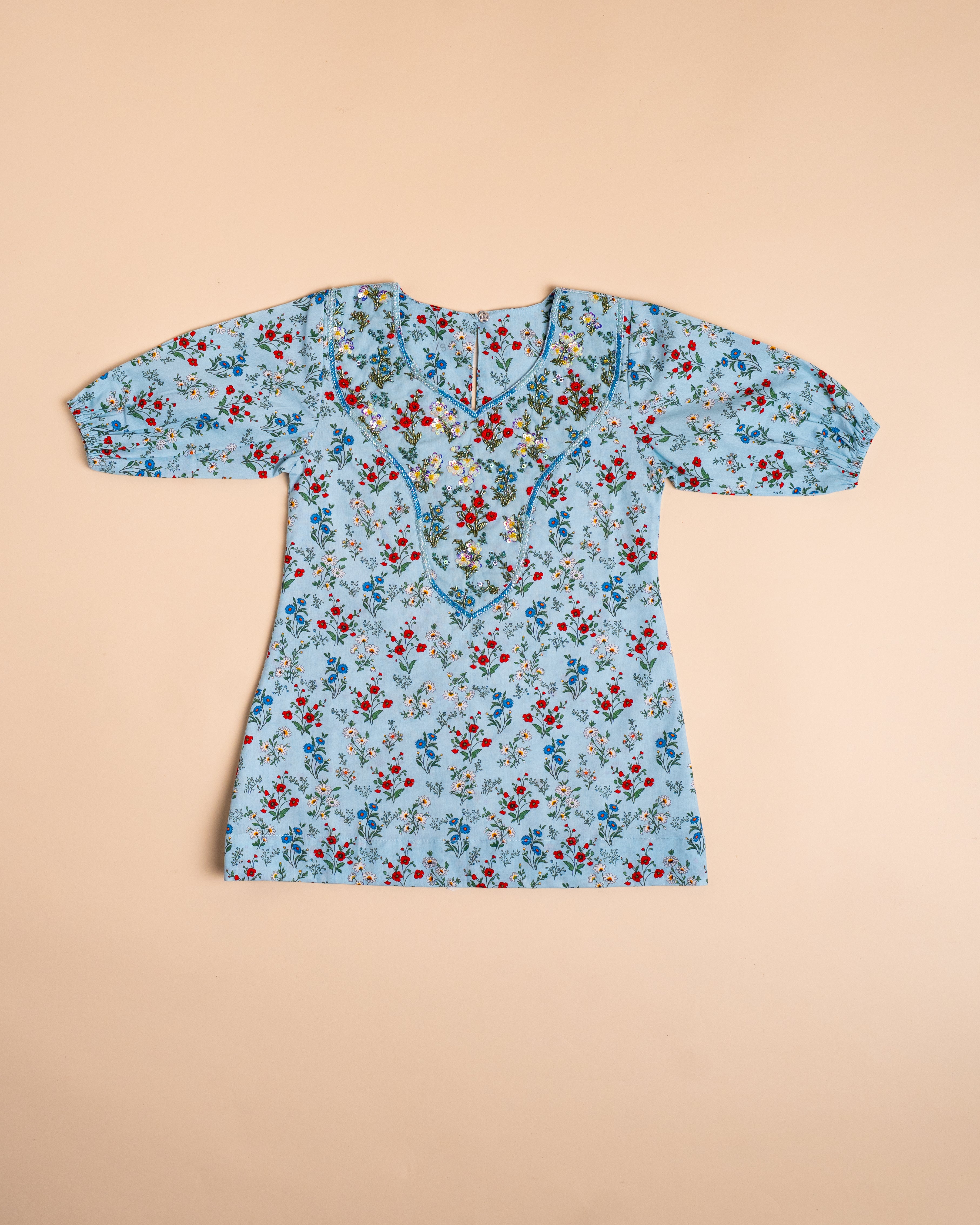 Blue Floral Embroidered Khwer (4M–8Y)