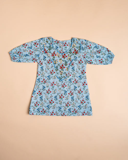 Blue Floral Embroidered Khwer (4M–8Y)