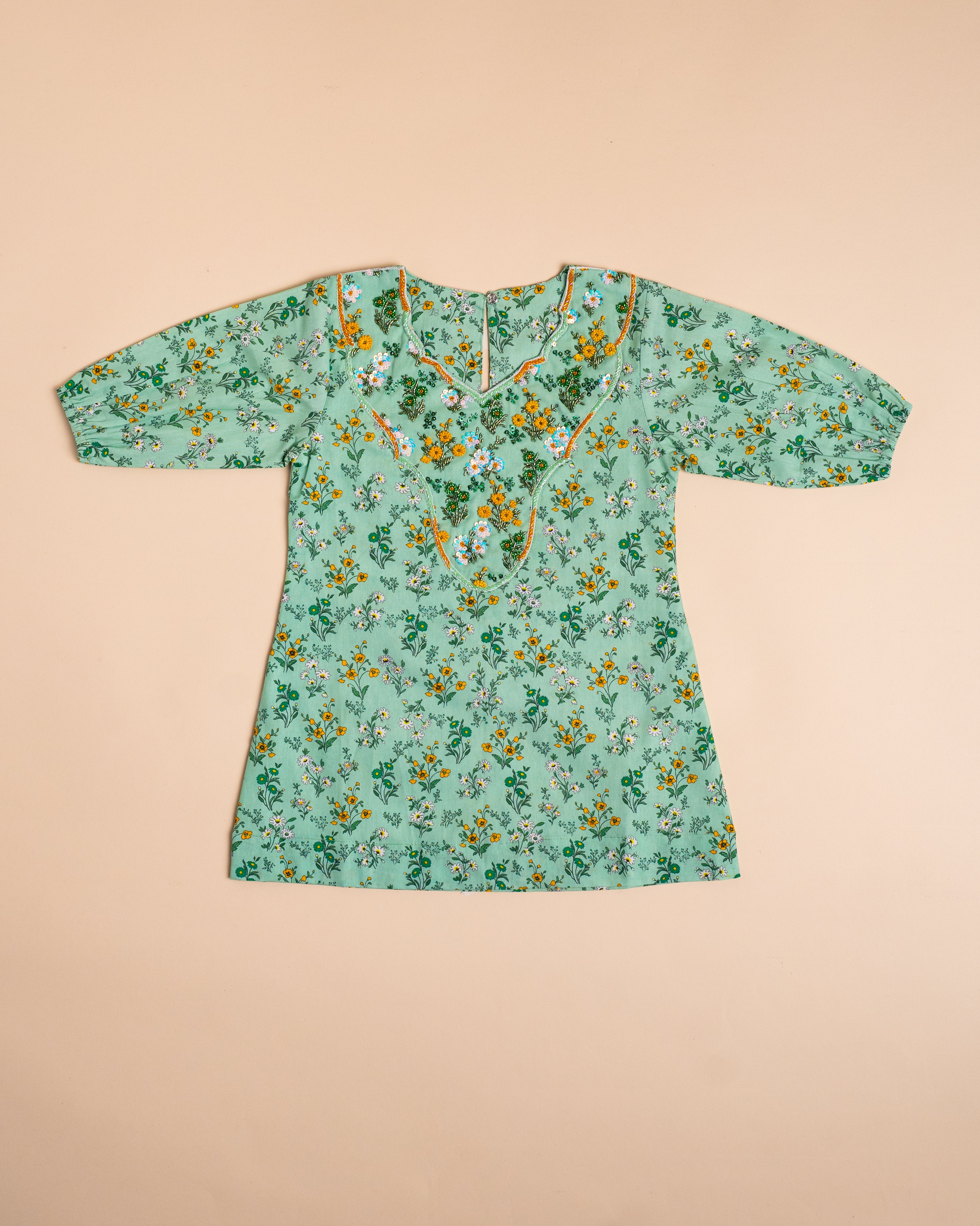 Green Floral Embroidered Khwer (4M–8Y)