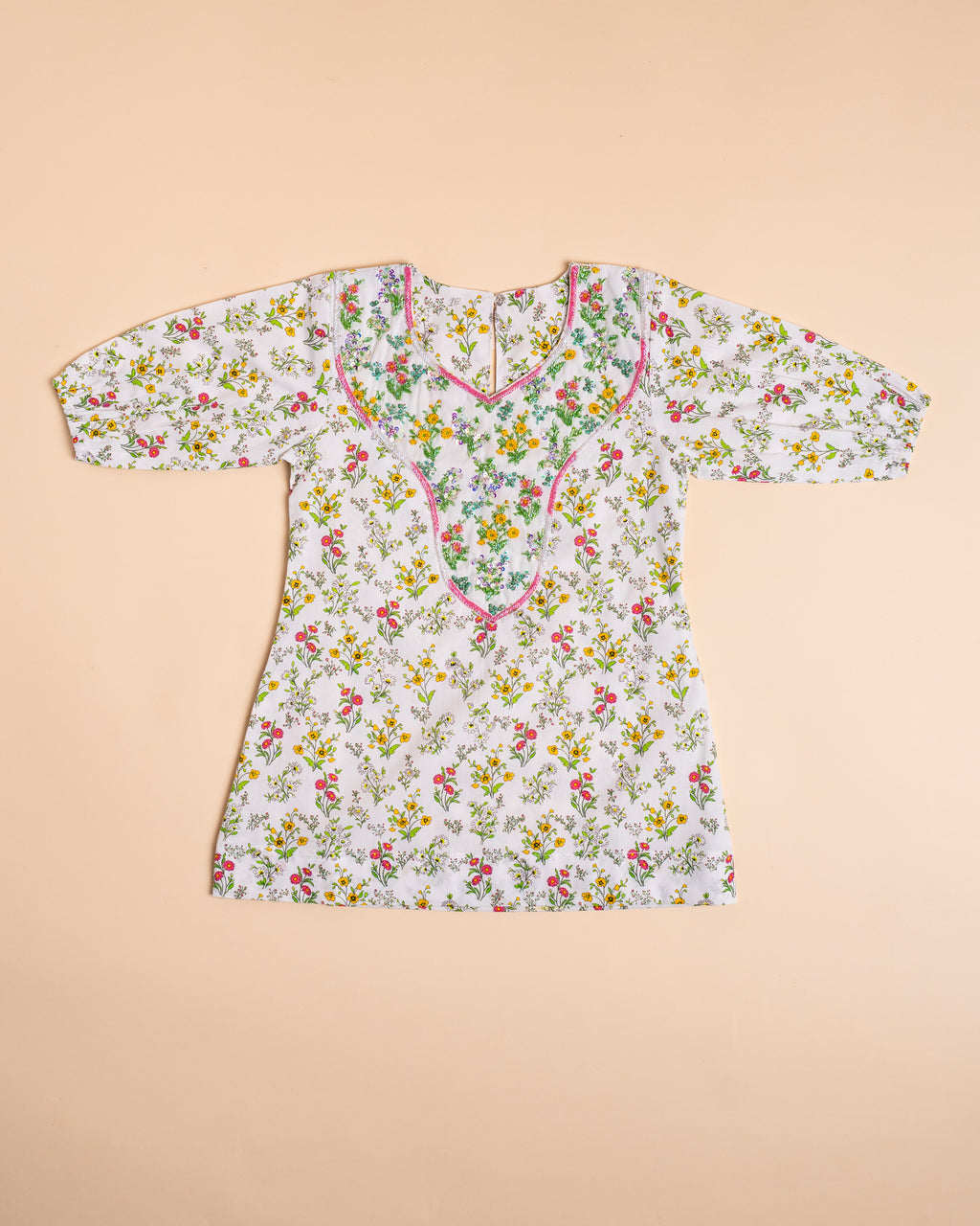 White Pastel Floral Embroidered Khwer (4M–8Y)