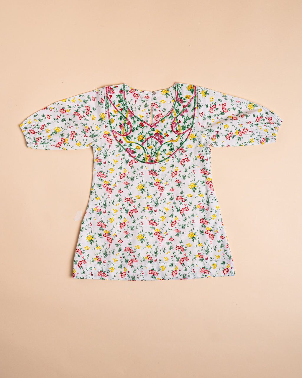 White Floral Print Full-Sleeve Khwer (4M–8Y)