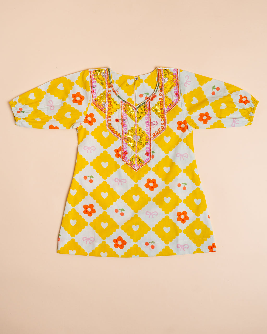 Yellow Heart Print Full-Sleeve Khwer (4M–8Y)