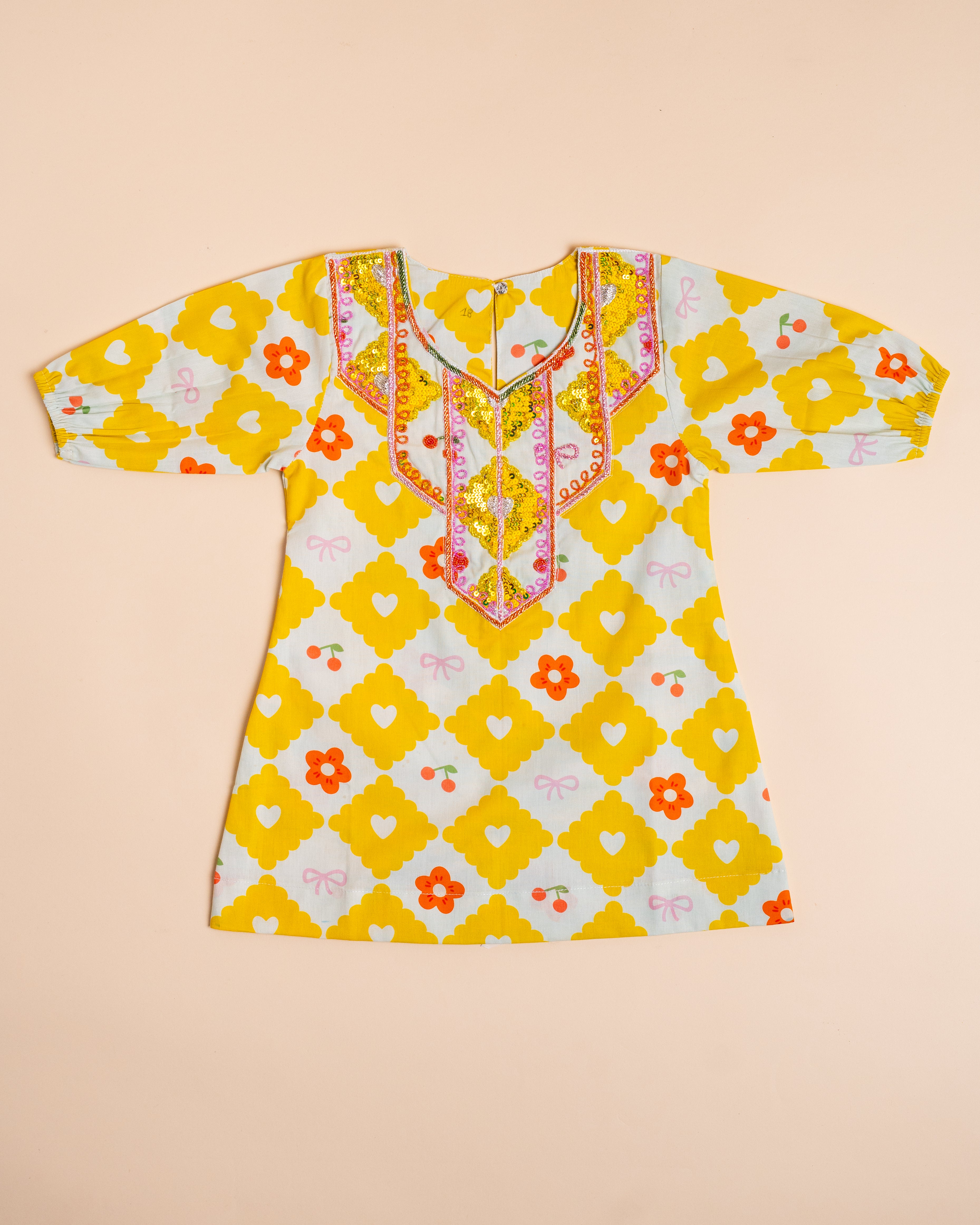 Yellow Heart Print Full-Sleeve Khwer (4M–8Y)