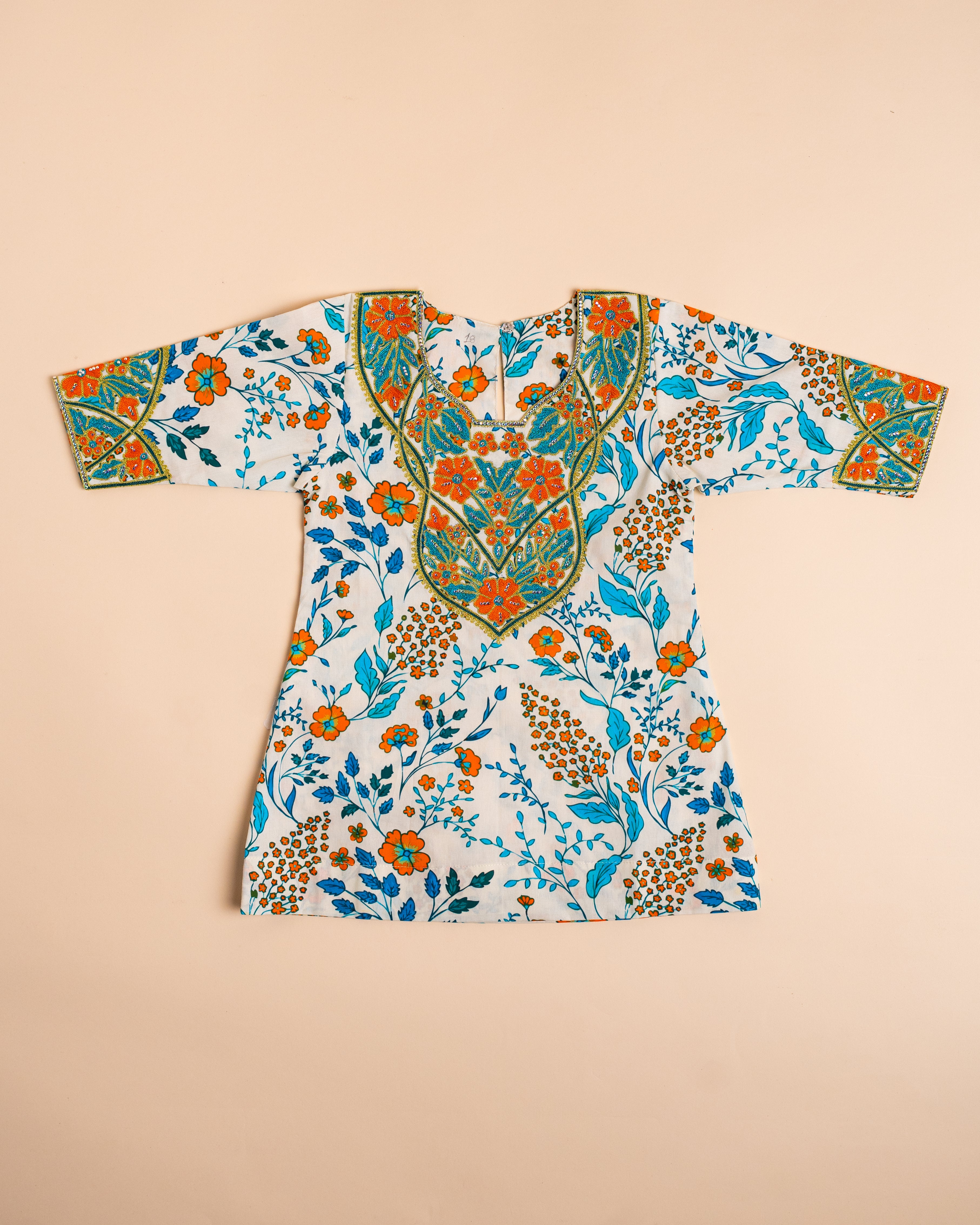 Floral Embroidered Kids Khwer – Orange & Blue Design (4M-8Years)