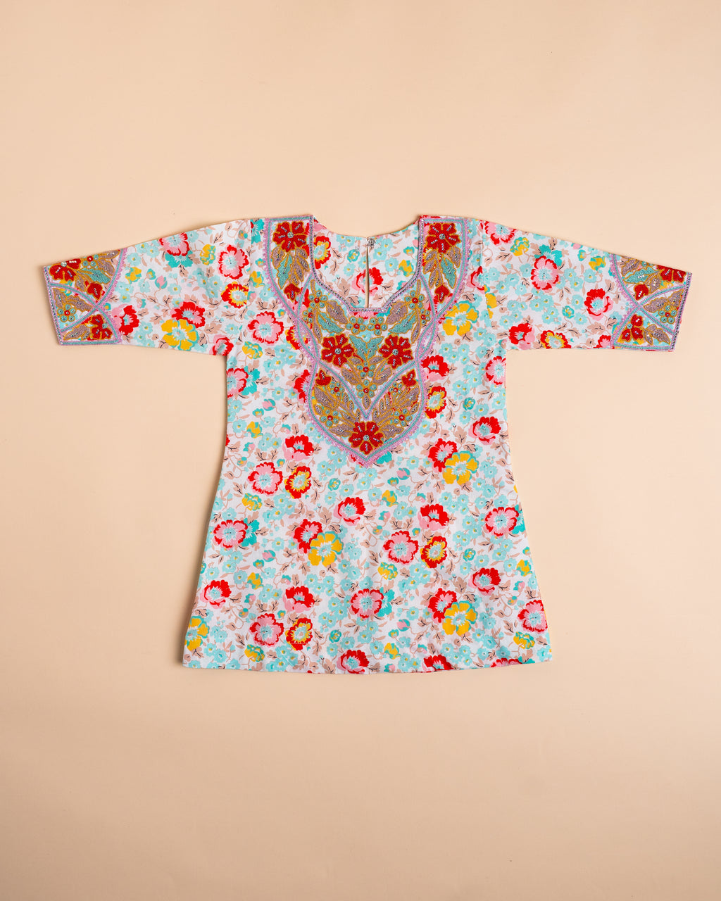 Red & Aqua Floral Embroidered Full-Sleeve Khwer (4M–8Y)