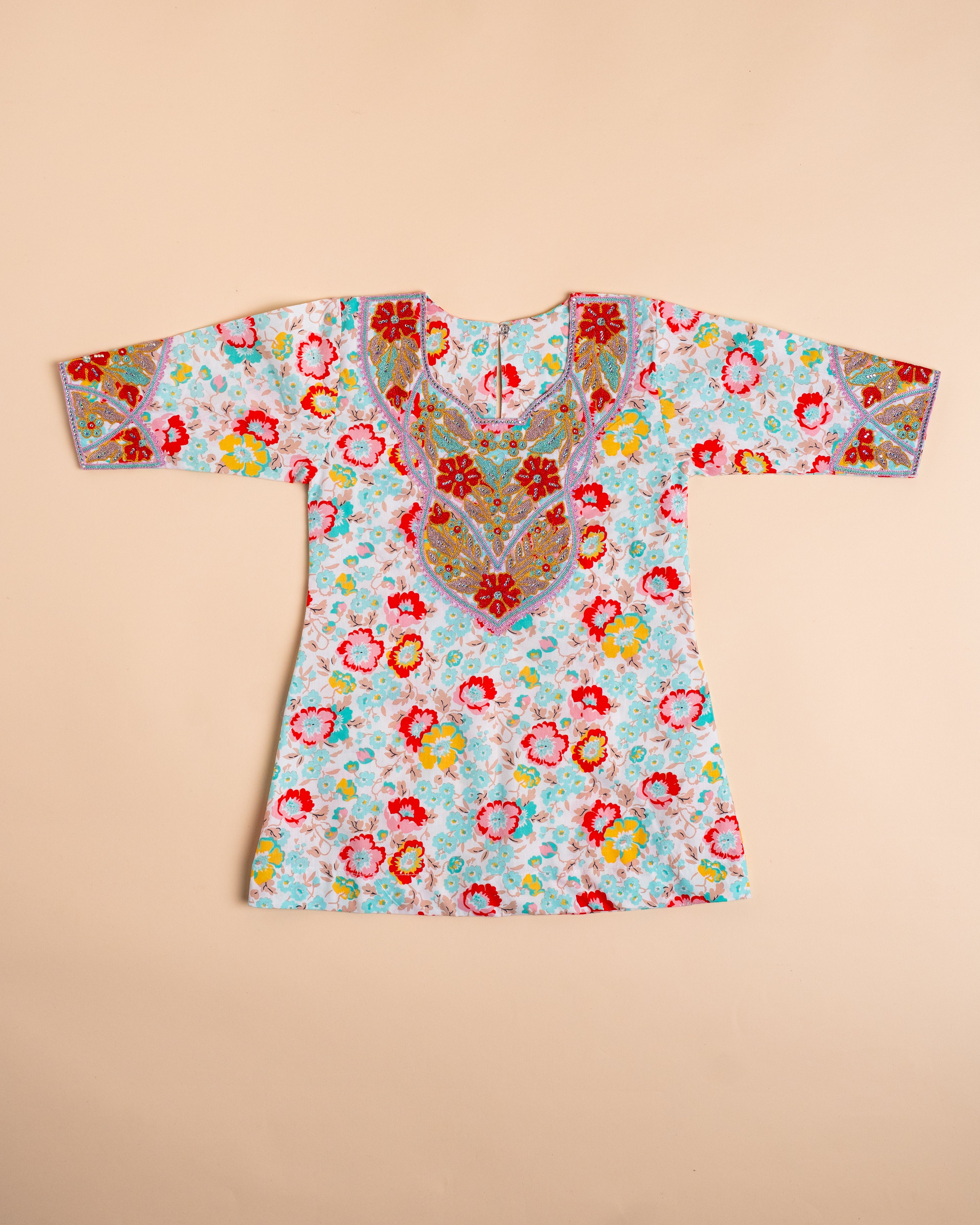 Red & Aqua Floral Embroidered Full-Sleeve Khwer (4M–8Y)
