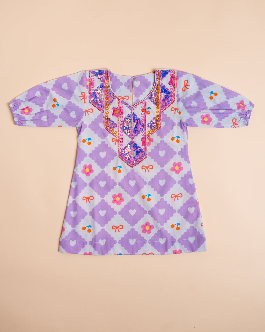 Lavender Heart Print Full-Sleeve Khwer (4M–8Y)