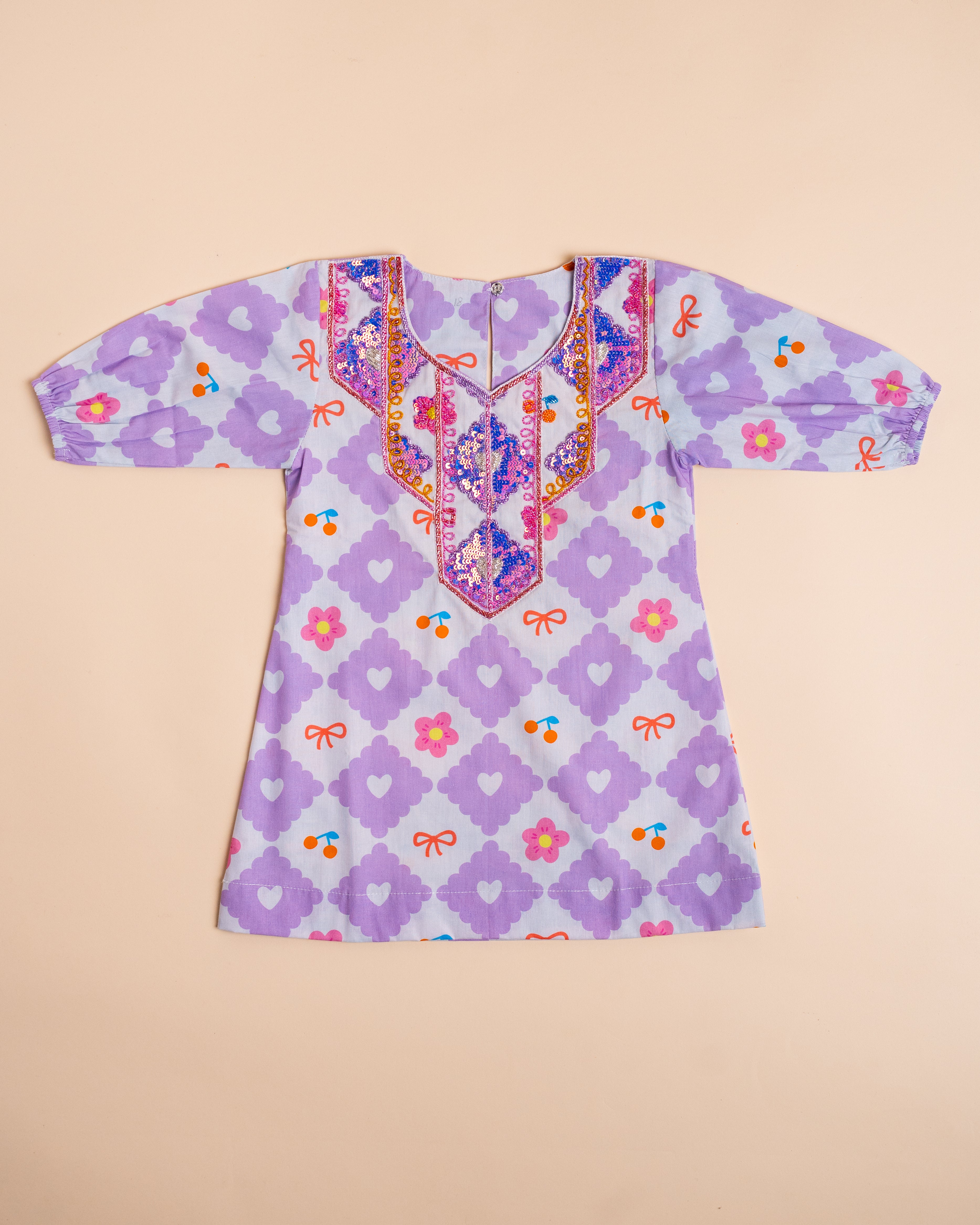 Lavender Heart Print Full-Sleeve Khwer (4M–8Y)