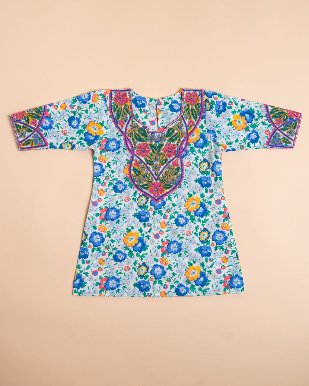 Blue & Yellow Floral Embroidered Full-Sleeve Khwer (4M–8Y)