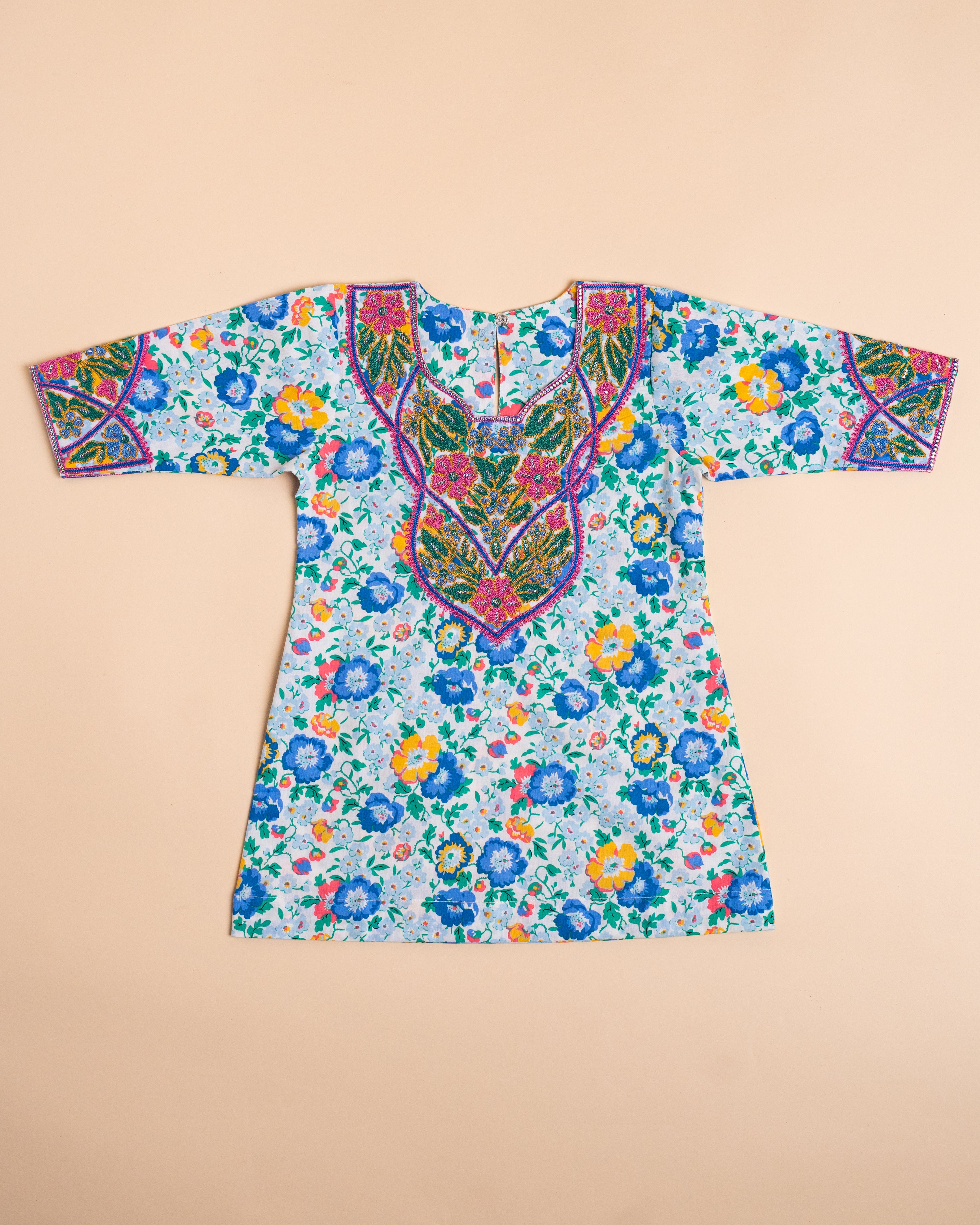 Blue & Yellow Floral Embroidered Full-Sleeve Khwer (4M–8Y)