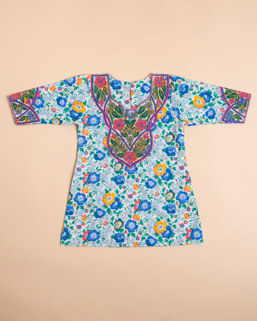 Blue & Yellow Floral Embroidered Full-Sleeve Khwer (4M–8Y)