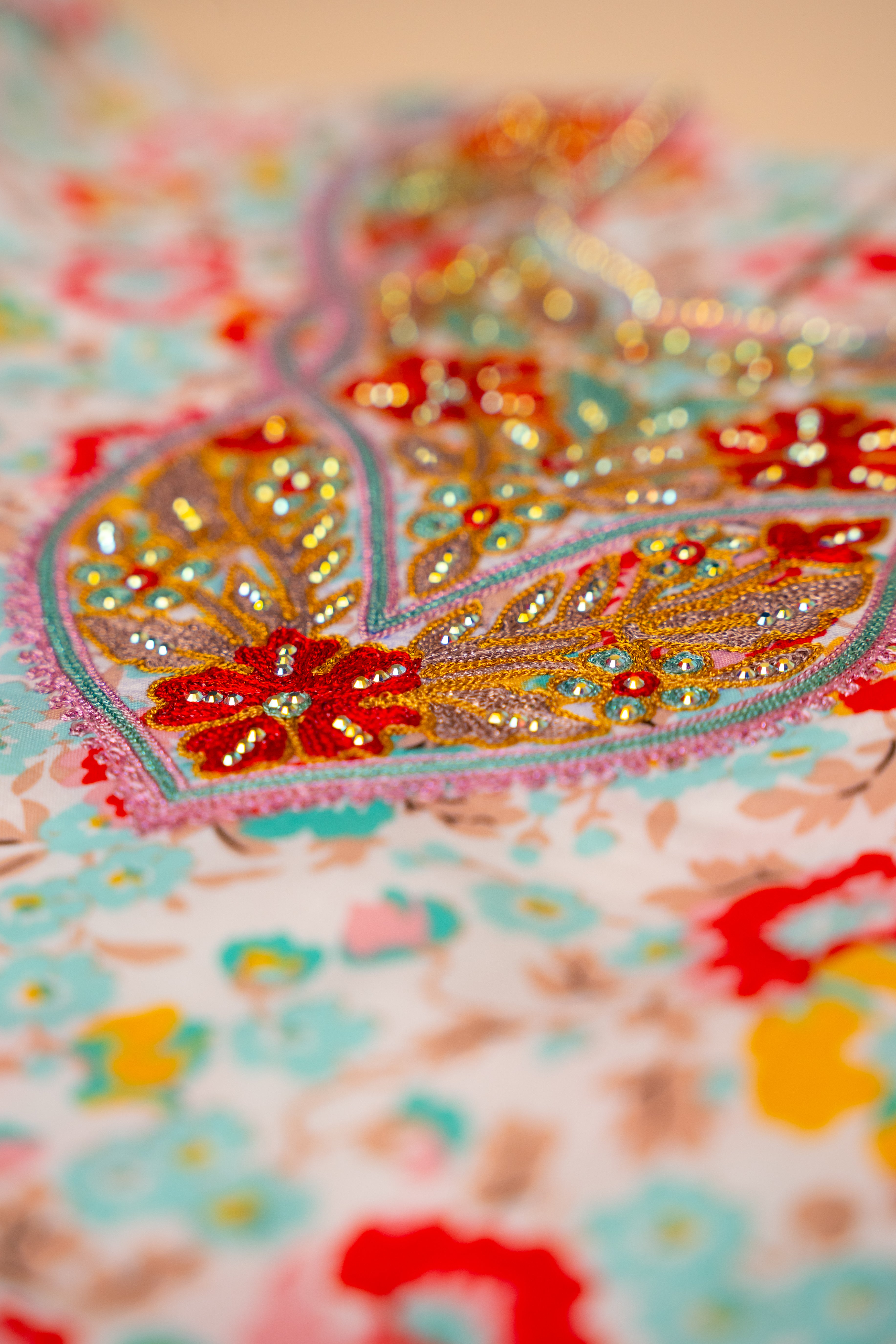 Red & Aqua Floral Embroidered Full-Sleeve Khwer (4M–8Y)