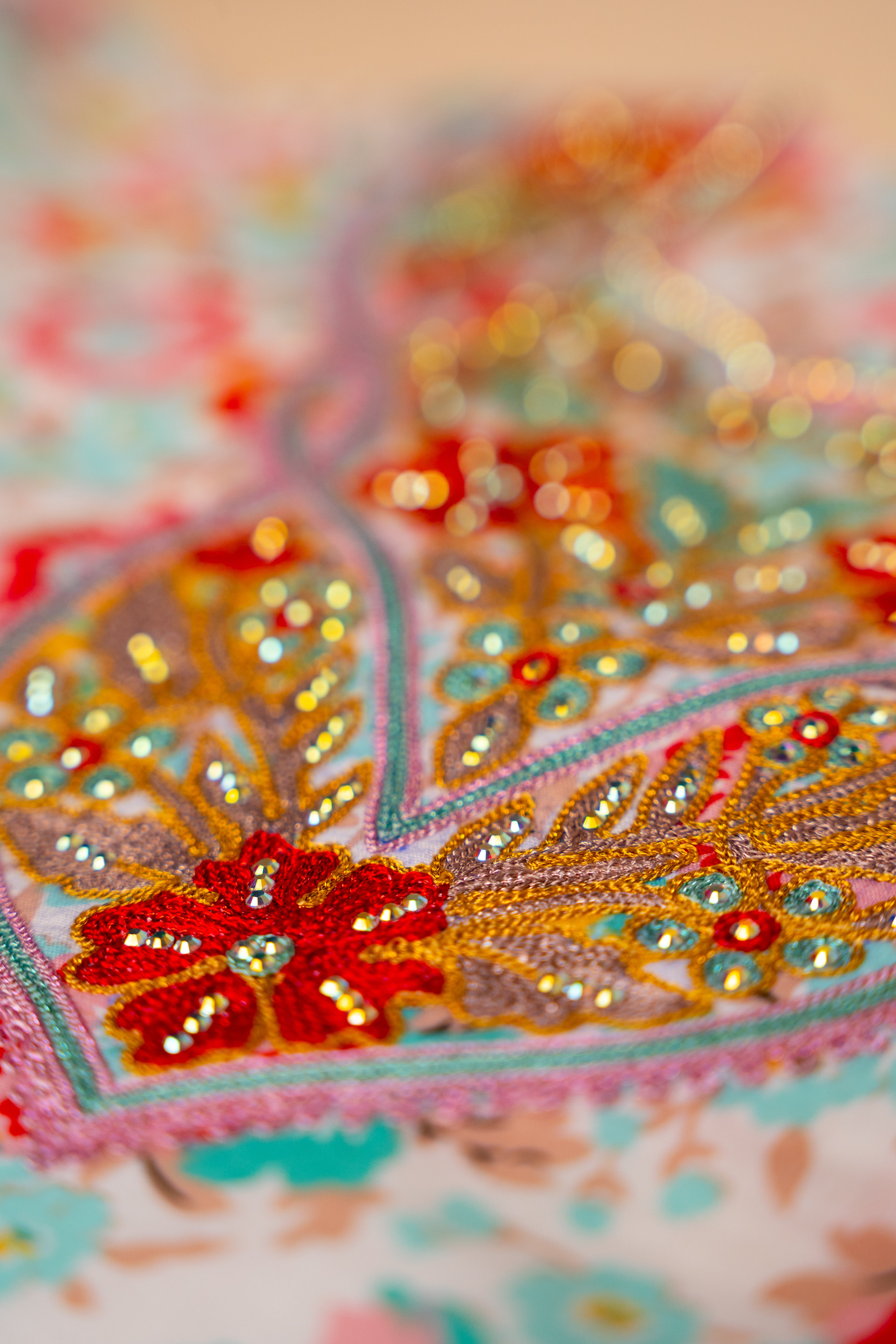 Red & Aqua Floral Embroidered Full-Sleeve Khwer (4M–8Y)