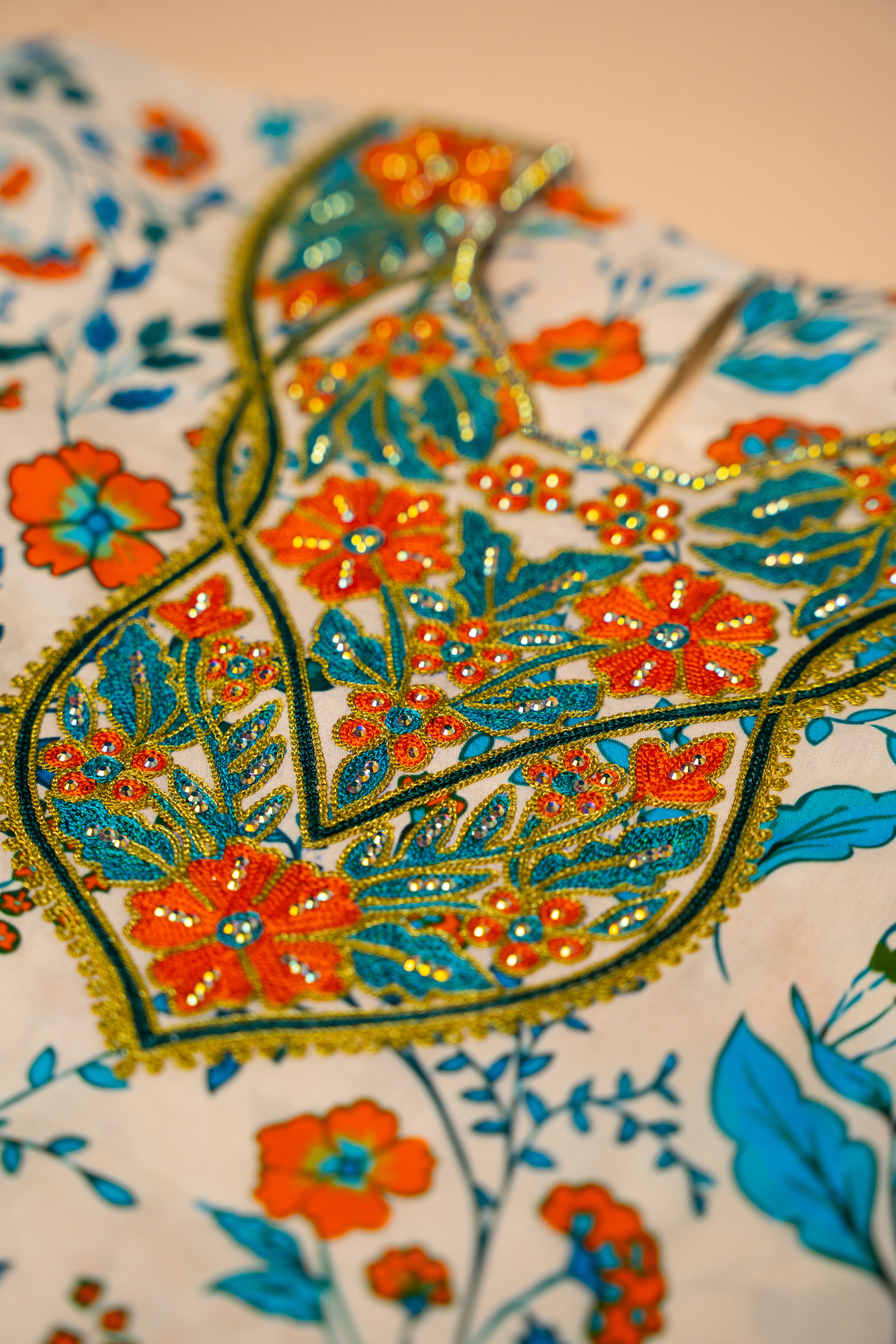 Floral Embroidered Kids Khwer – Orange & Blue Design (4M-8Years)