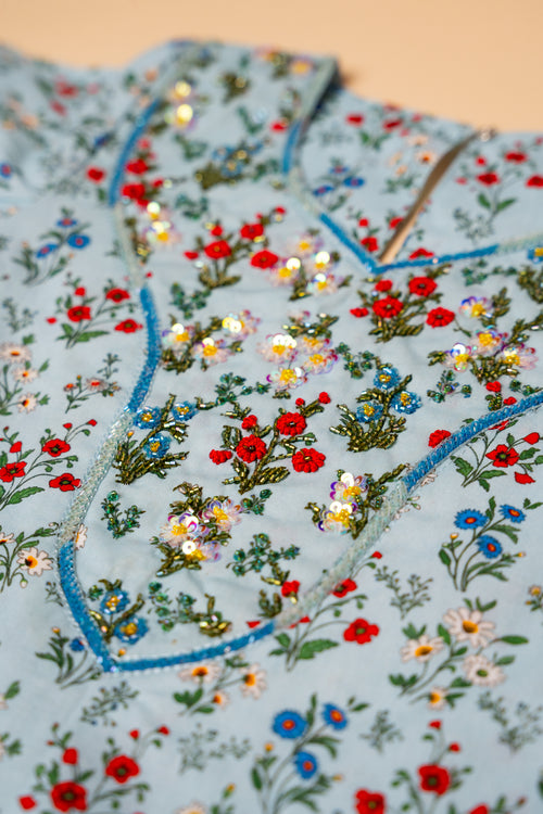 Blue Floral Embroidered Khwer (4M–8Y)